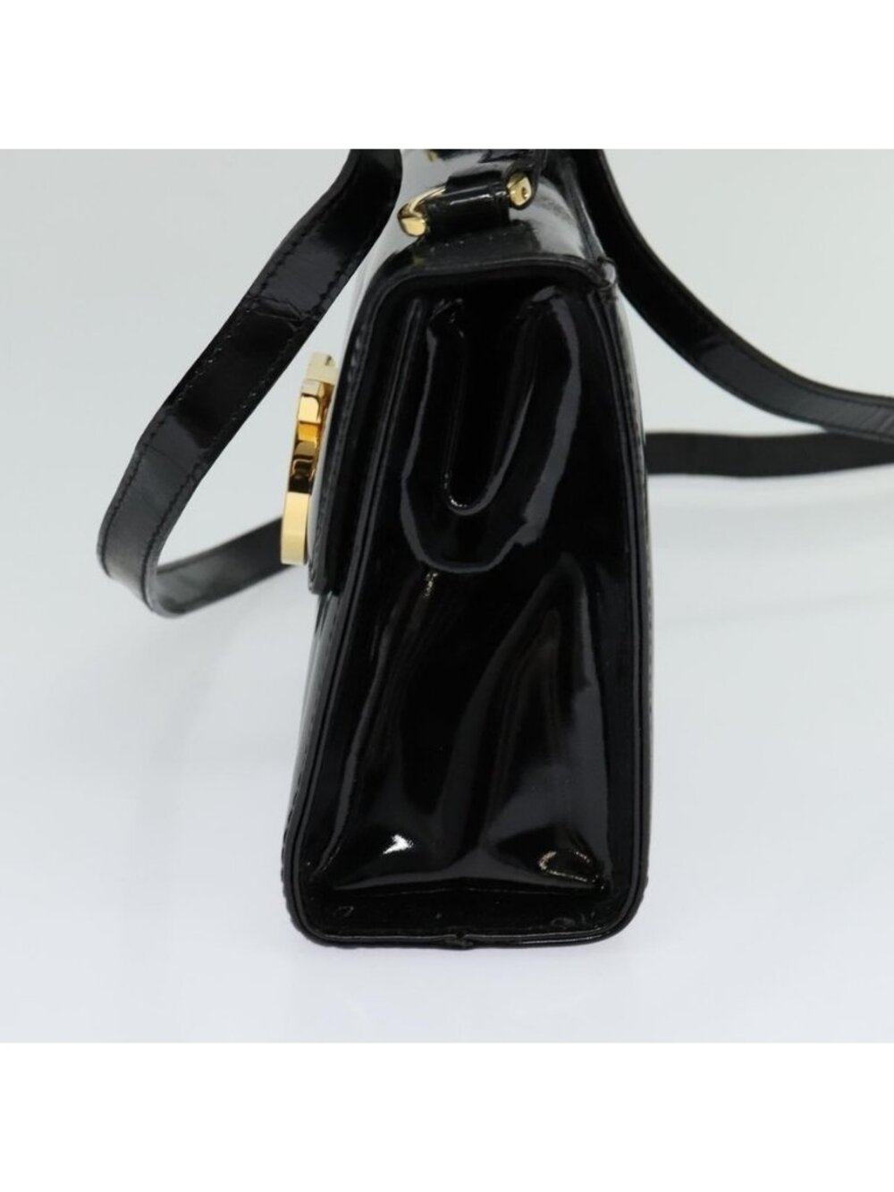 Authentic Salvatore Ferragamo Gancini Shoulder Bag Enamel Black Gold - Picture 11 of 16